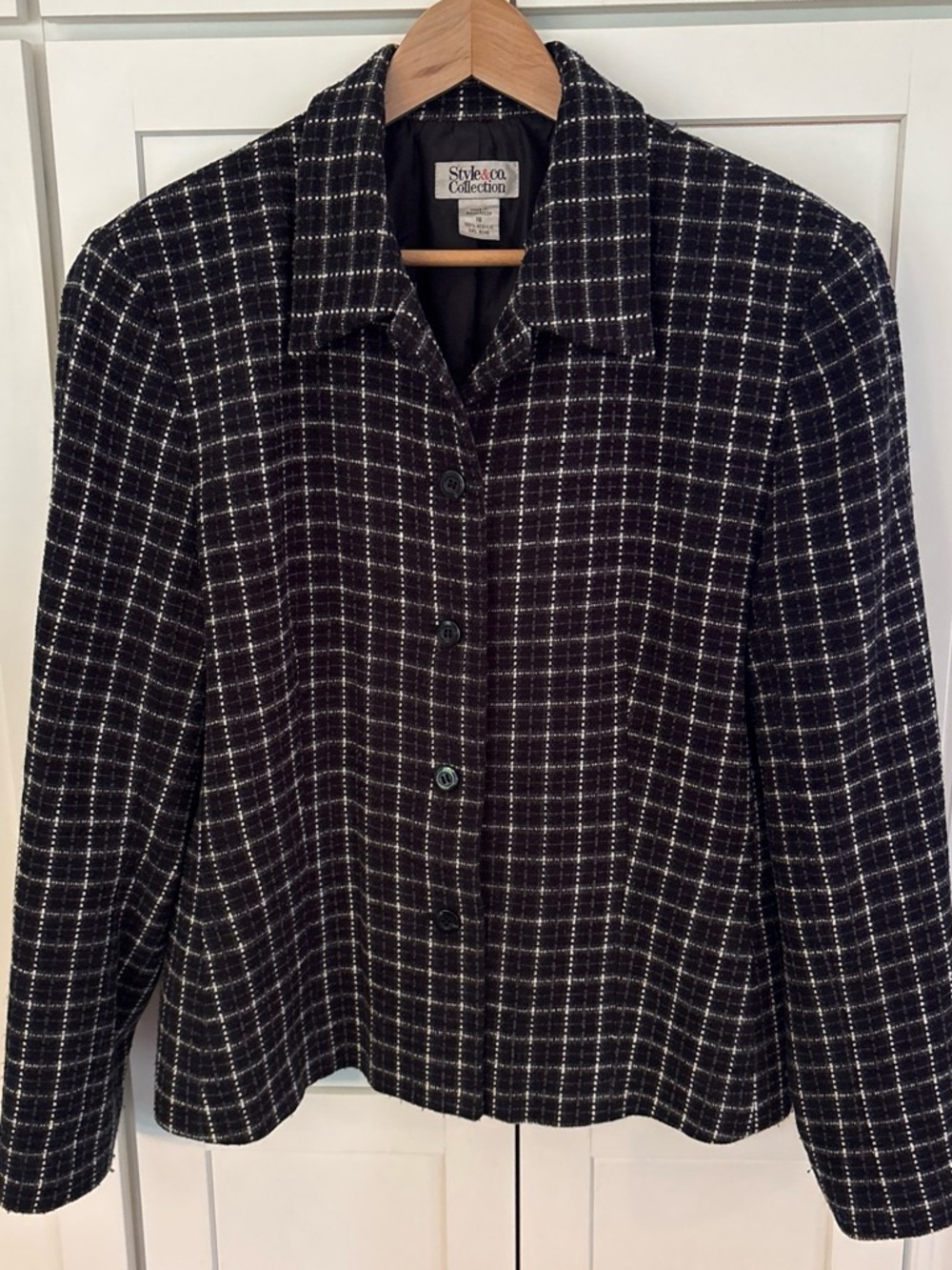 Style & Co. Black and White Plaid Button-Front Blazer